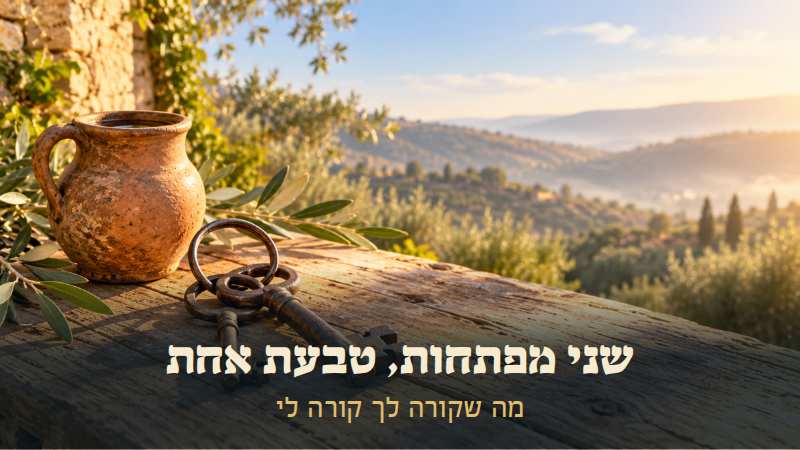 שני מפתחות ברזל ישנים על טבעת אחת, ליד כד חרס על שולחן עץ