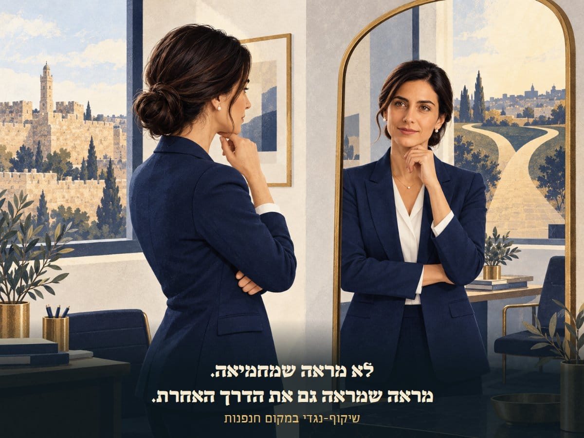 אישה מול מראה, ובמראה נראית גם דרך שמתפצלת