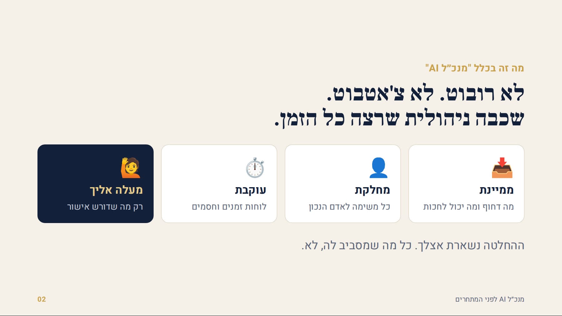 ארבעה תפקידים של מנכ״ל AI: ממיינת, מחלקת, עוקבת, מעלה אליך