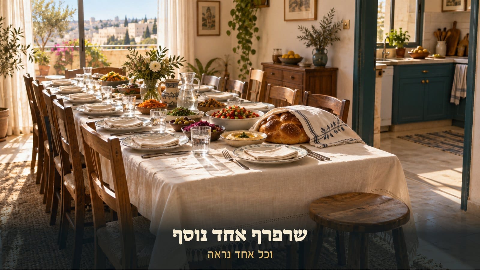 שולחן ארוך וערוך באור צהריים, צלחות צפופות ושרפרף אחד נוסף בפינה