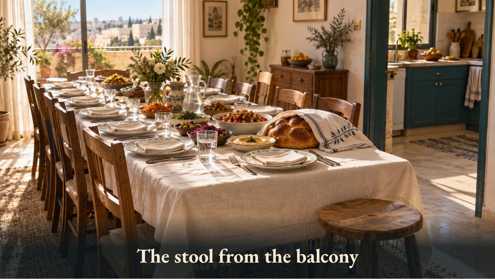 A long set table in midday light, plates crowded together and one extra stool in the corner
