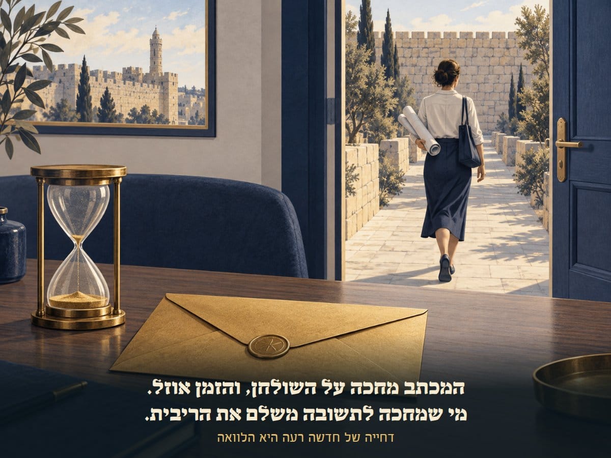 מעטפה חתומה ושעון חול על שולחן, ובפתח הדלת אישה ממשיכה ללכת לכיוון שכבר נחסם