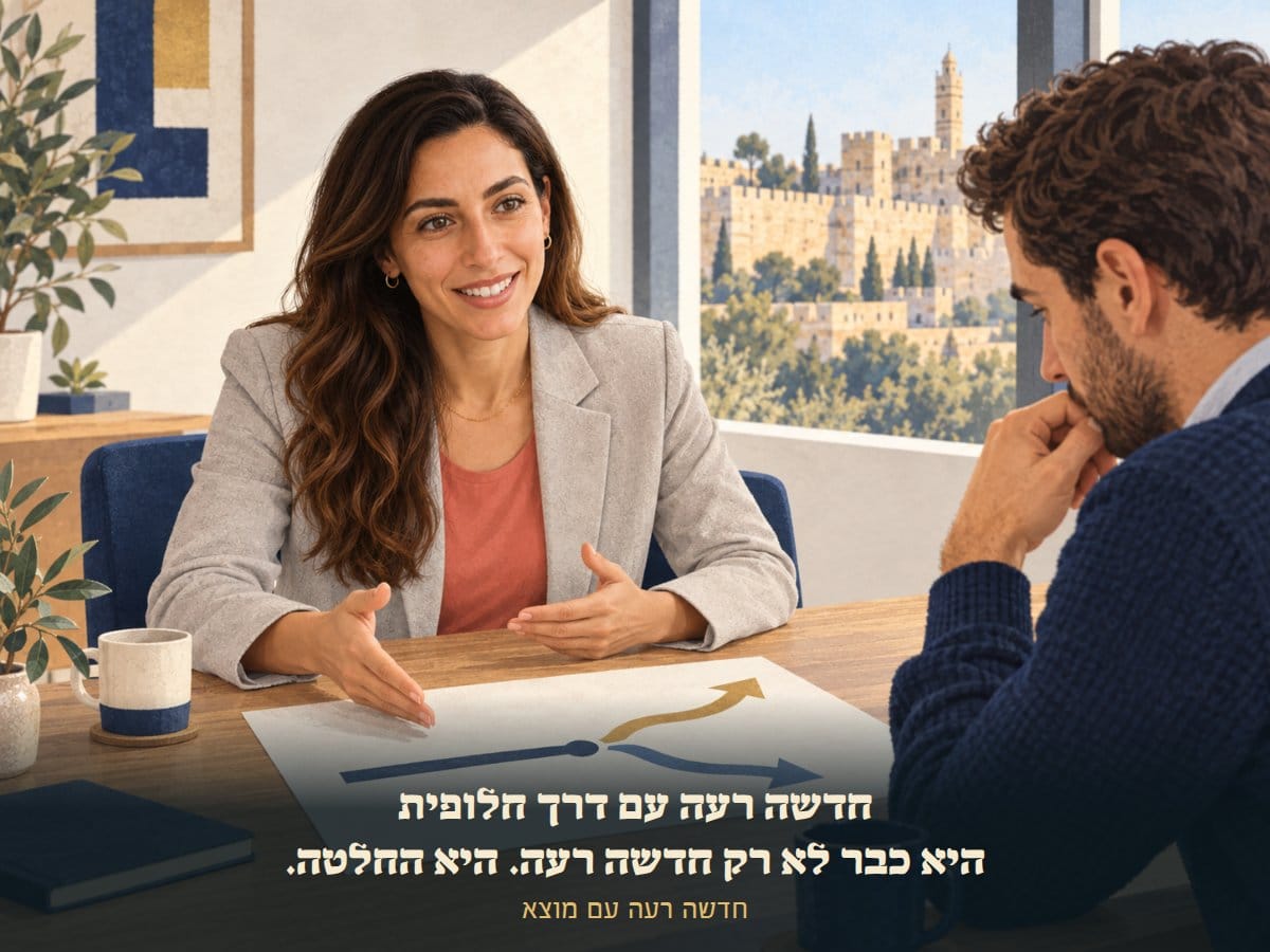 מאיה מראה ללקוח דף עם דרך שנחסמה ושני מסלולים חלופיים