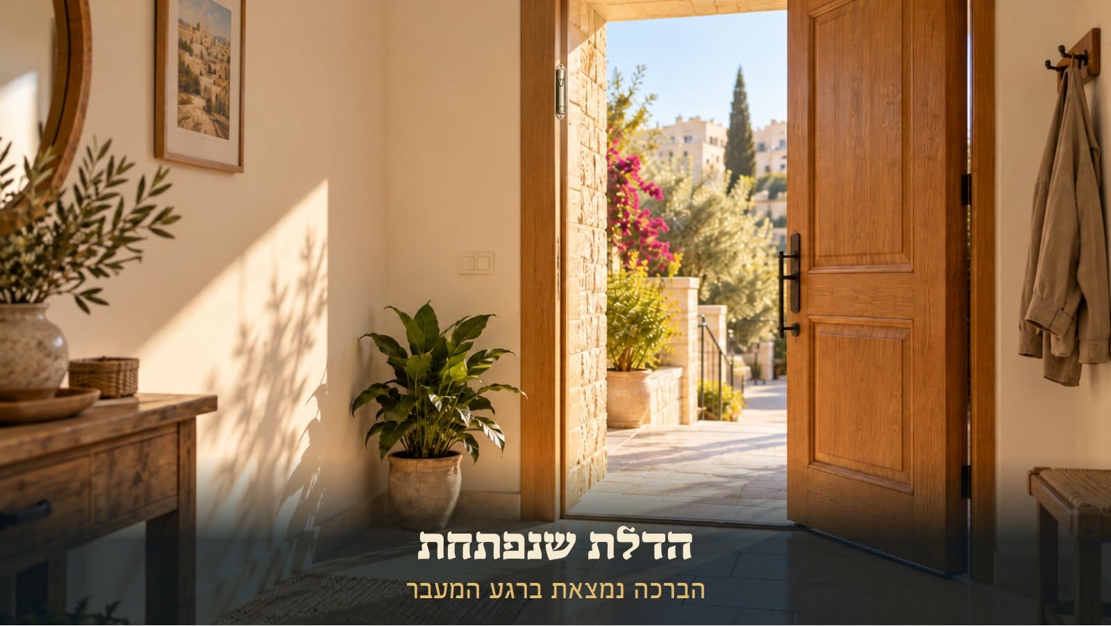 דלת עץ פתוחה למחצה, ואור יום חם נכנס פנימה אל המבואה