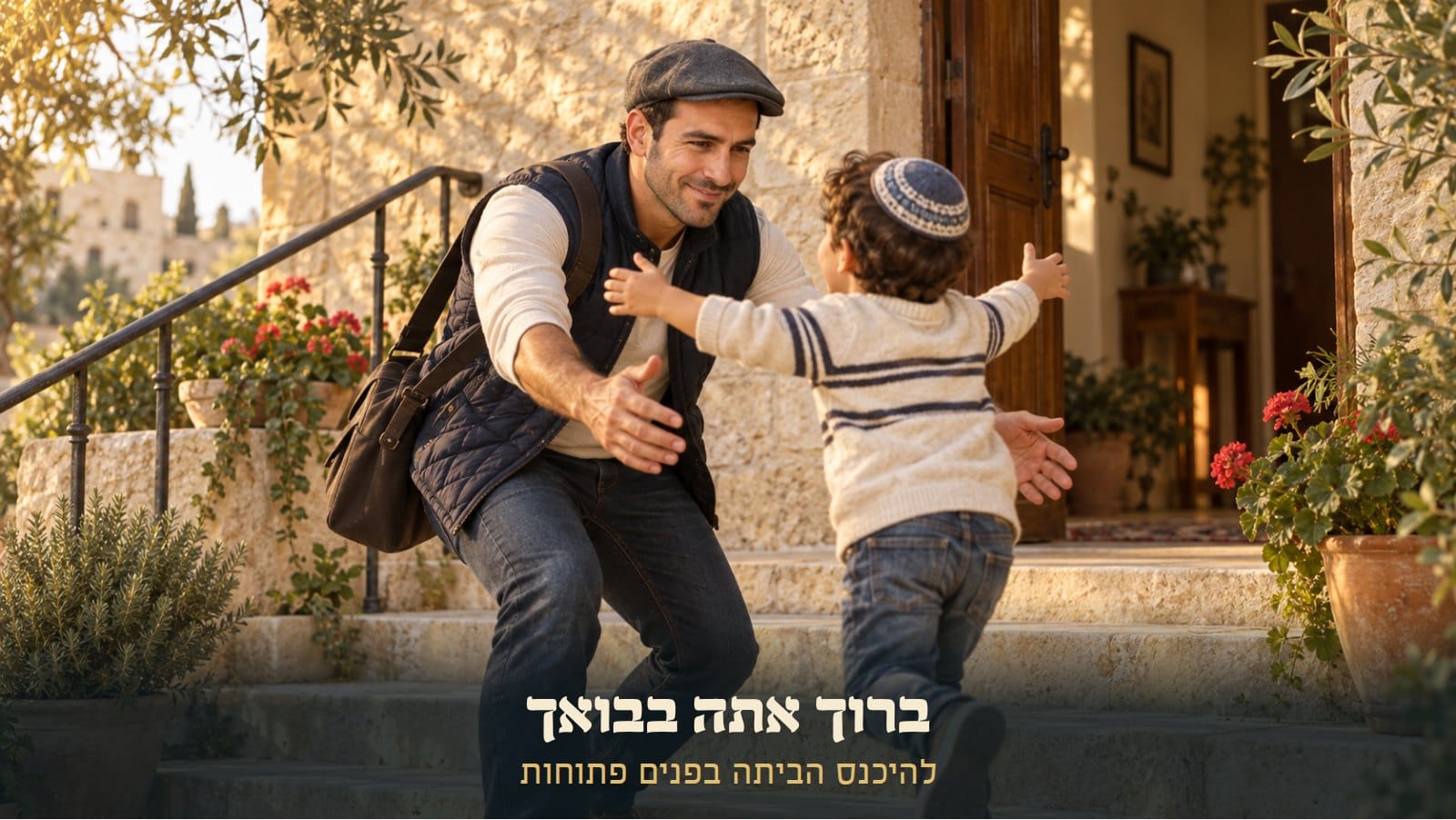 גלעד מריפא חוזר הביתה, ובנו הקטן רץ אליו במדרגות האבן