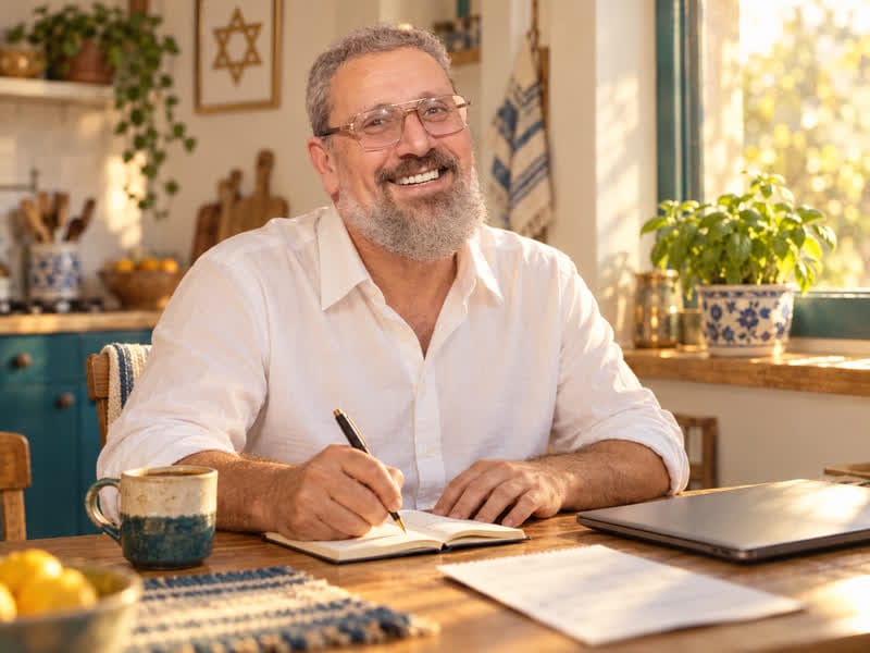 יניב ליד שולחן המטבח בבוקר, כותב שורה של תודה לפני שפותח את המחשב