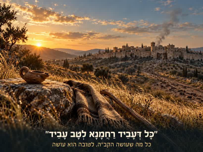 שדה בזריחה, נר כבוי, גלימה ומקל, ובמרחק עיר שנשבתה