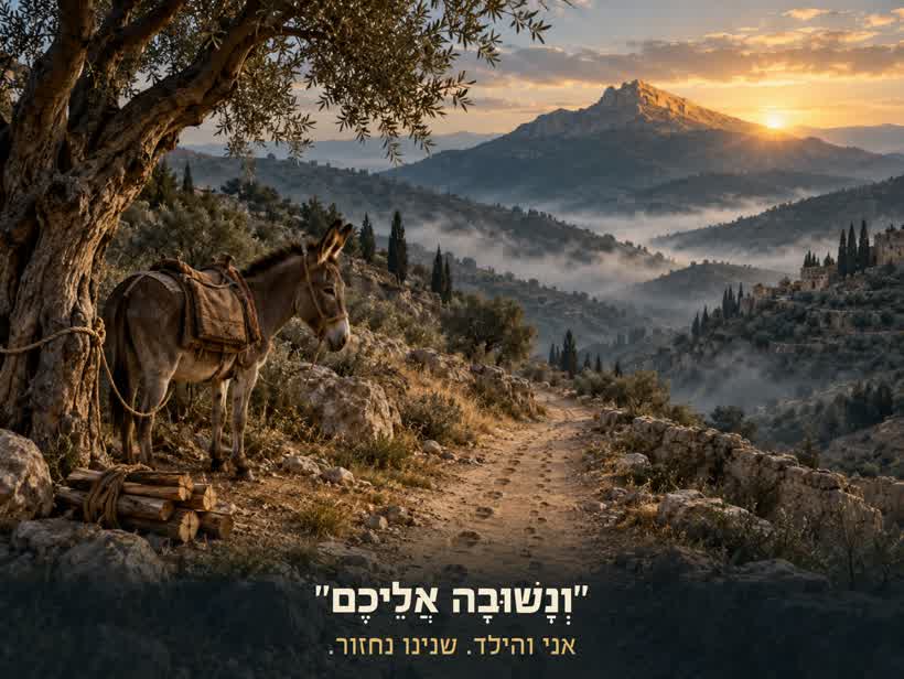 שביל הררי ביום השלישי, חמור קשור לעץ זית, וההר במרחק