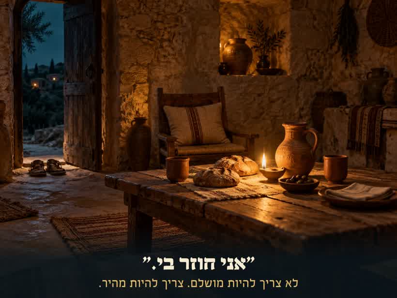 שולחן ערוך בבית אבן עתיק, והמקום בראש השולחן פנוי ומחכה