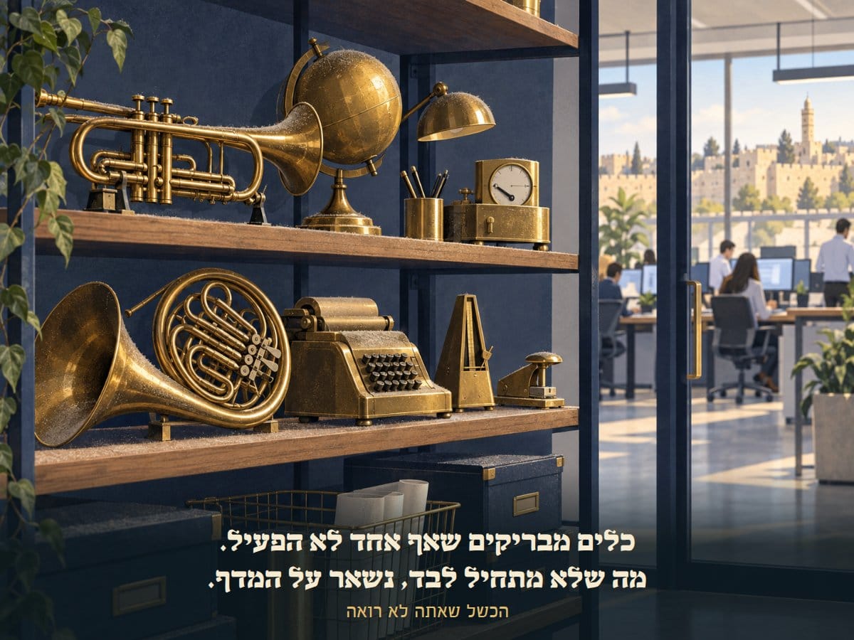 מדף עם כלים מבריקים ומאובקים שאף אחד לא הפעיל