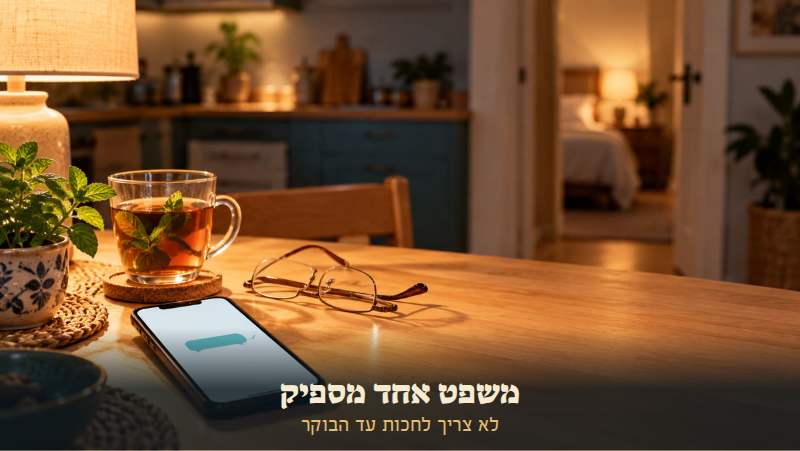 טלפון עם הודעה קצרה על שולחן עץ בערב, ליד כוס תה ומשקפיים, וחדר שינה מואר ברקע