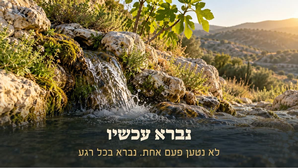 מעיין קטן זורם בין סלעי גיר וצמחייה, ומאחוריו גבעות באור בוקר