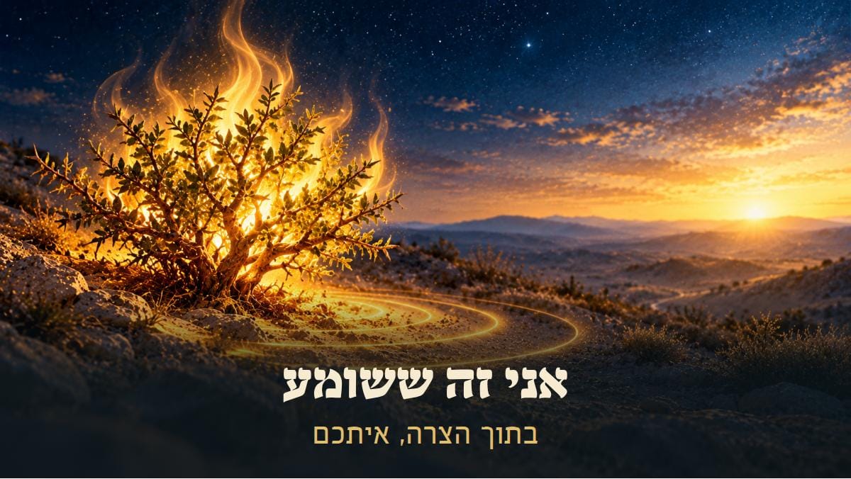 סנה קוצני במדבר, ואש זהובה רכה אופפת את ענפיו בלי לשרוף אותם, וטבעות של אור מתפשטות ממנו על הקרקע