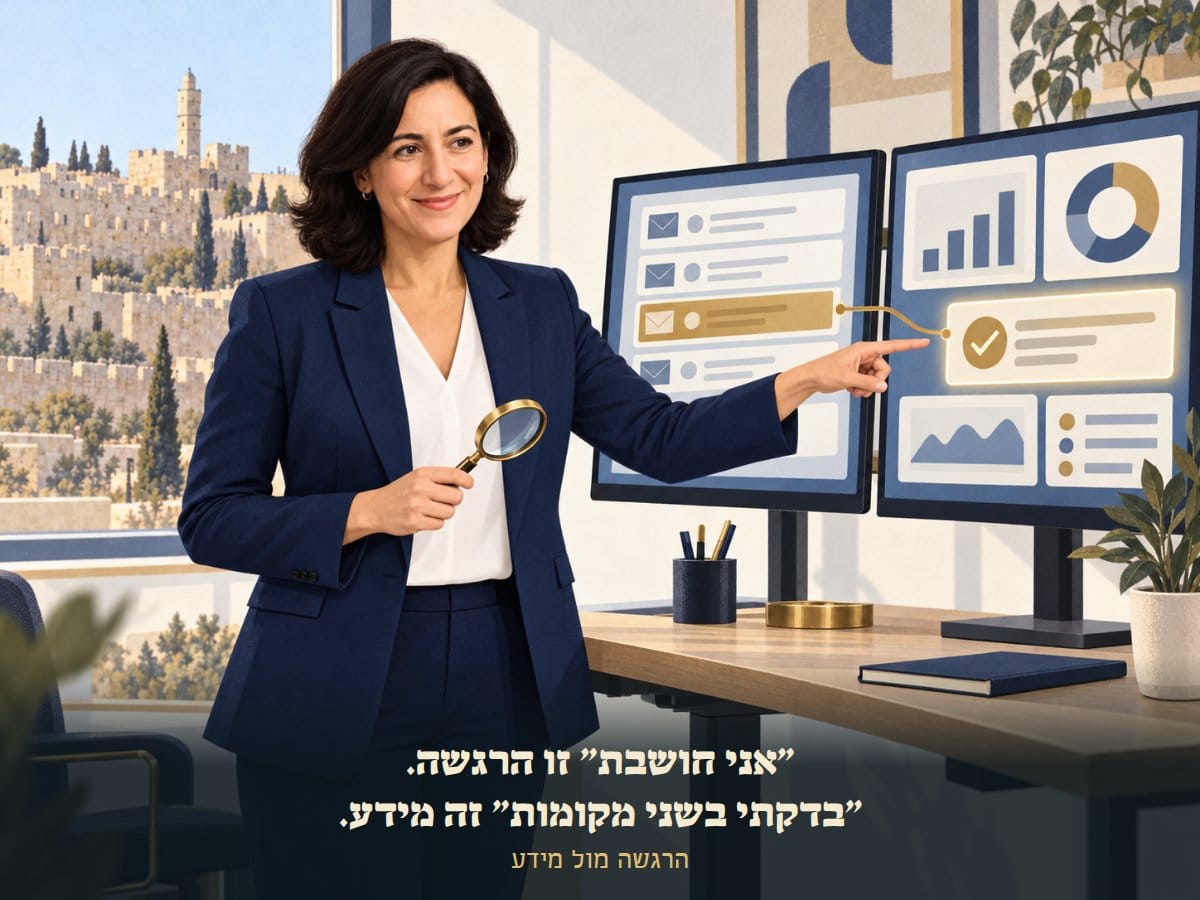 מיכל מצביעה על ההתאמה בין שני מסכים, עם זכוכית מגדלת ביד