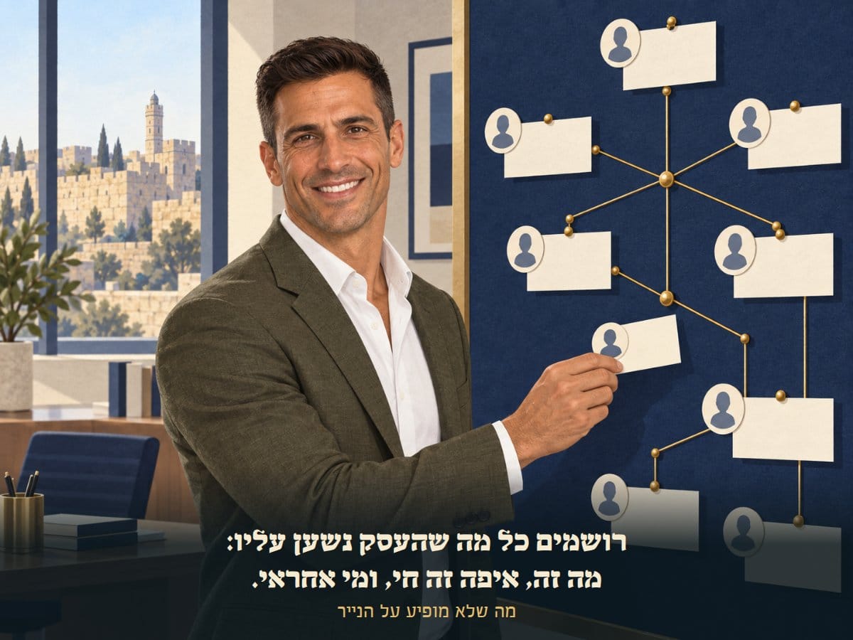 יוסי מצמיד כרטיסים ללוח וממפה את כל מה שהעסק נשען עליו, עם אחראי לכל רכיב