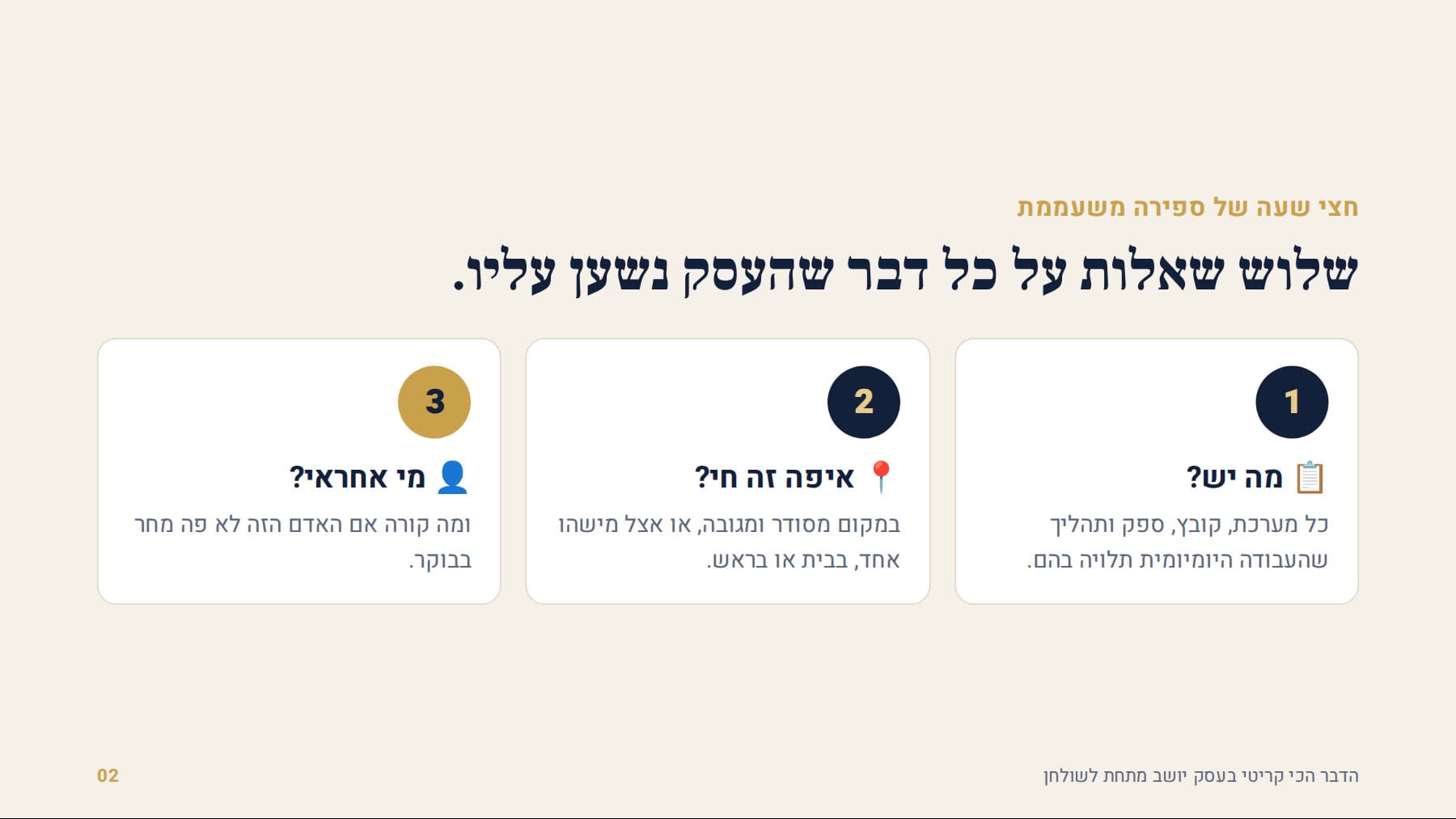 שלוש שאלות על כל דבר שהעסק נשען עליו: מה יש, איפה זה חי, מי אחראי