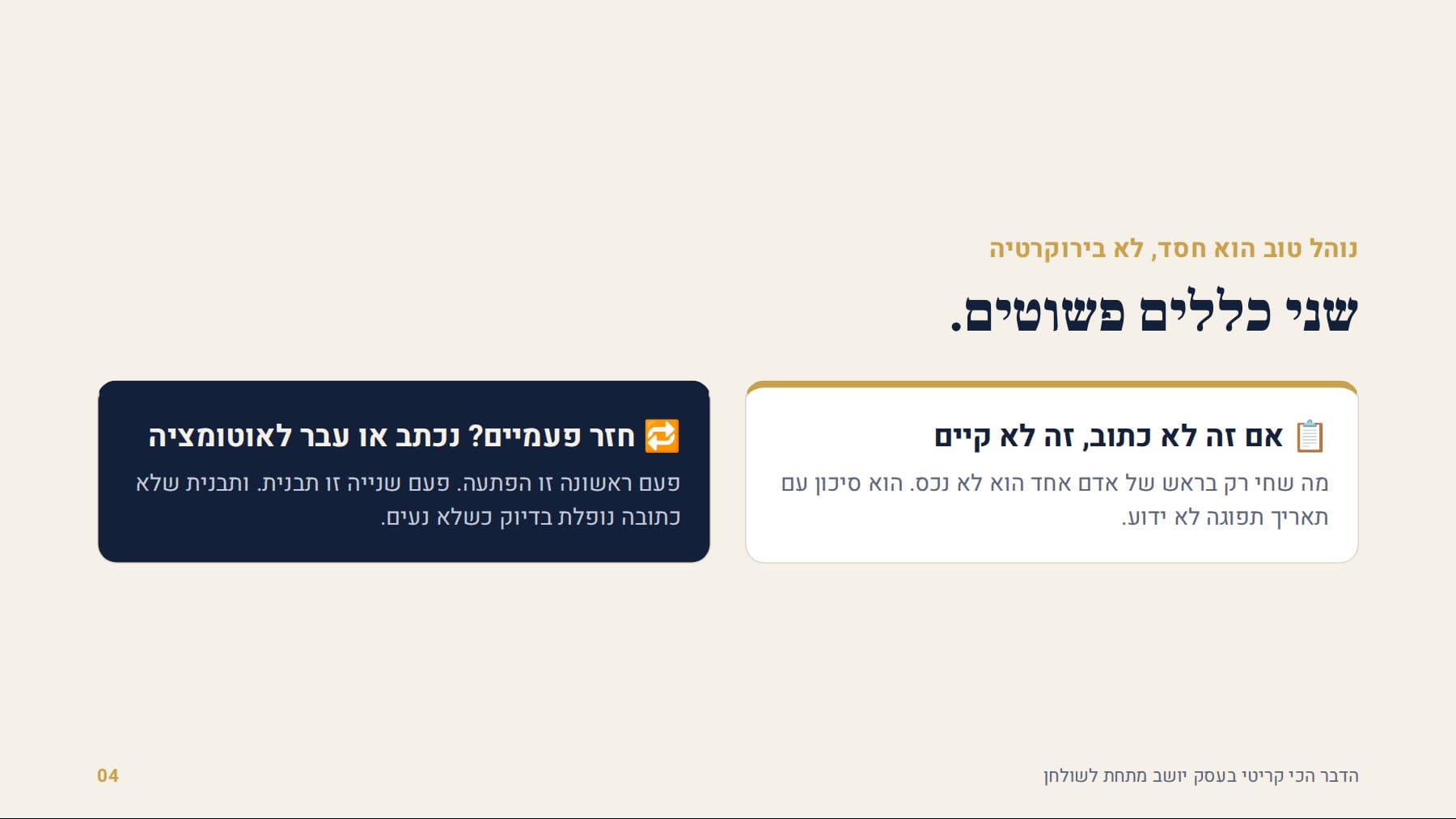שני כללים: אם זה לא כתוב זה לא קיים, ומה שחוזר פעמיים נכתב או עובר לאוטומציה