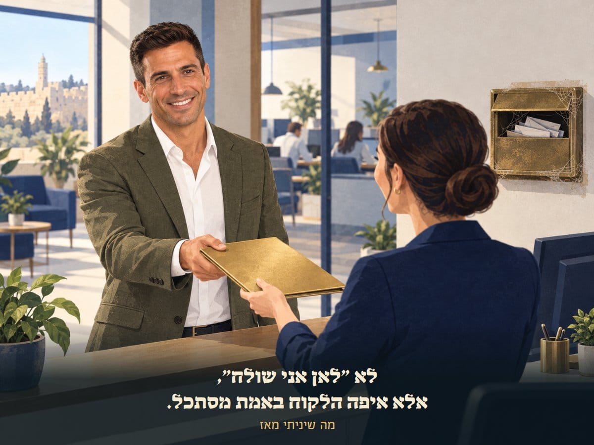 יוסי מוסר תיקייה ישירות לידיים של אשת הקשר, ליד תיבה ישנה עם קורי עכביש