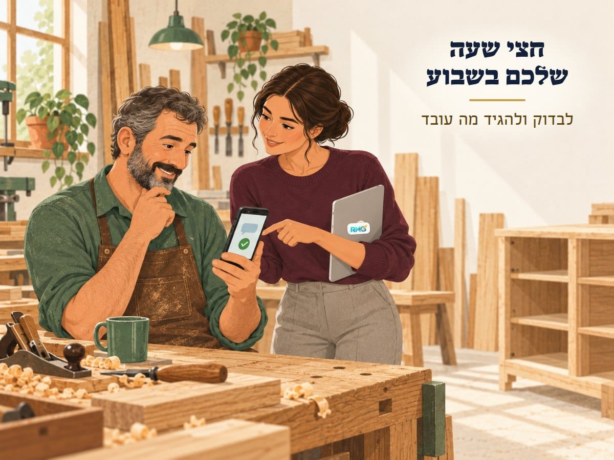 נגר מחייך מול טלפון עם וי ירוק, ולידו אשת טכנולוגיה מריפא מצביעה עם טאבלט ביד