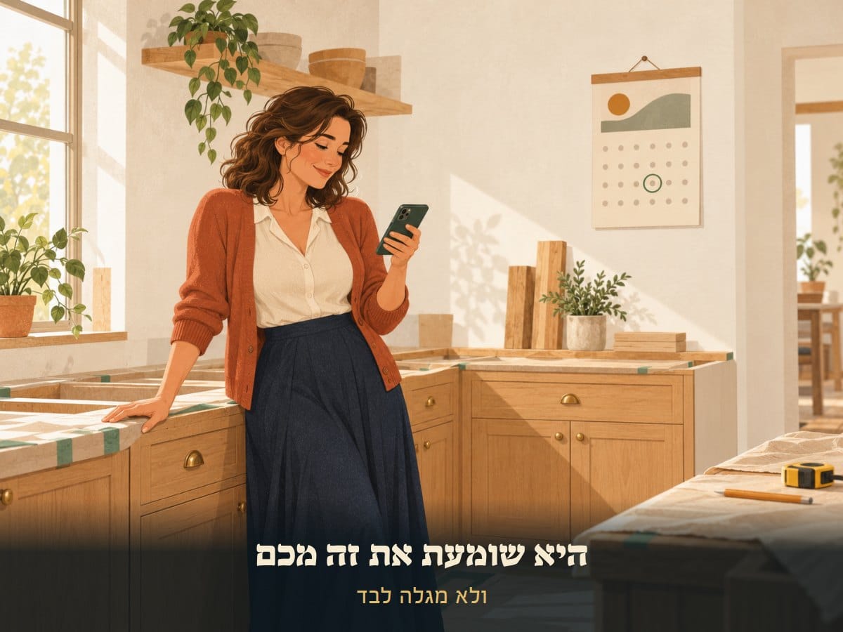 לקוחה נשענת על משטח במטבח בשיפוץ ומחייכת מול הודעה בטלפון