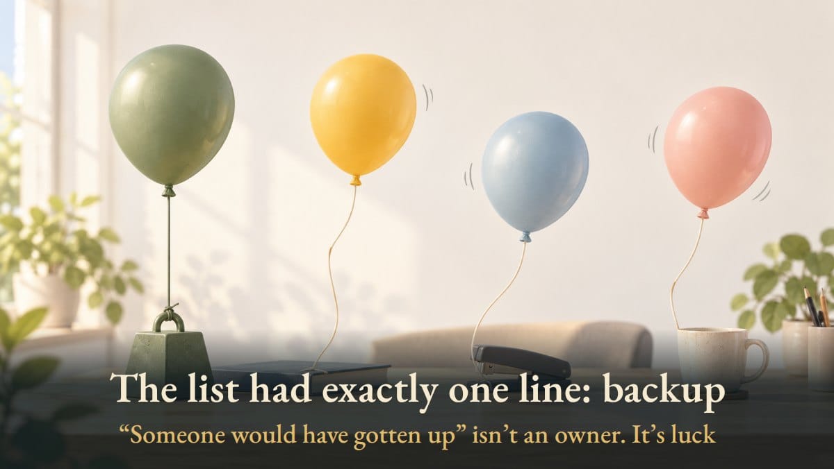 The list had exactly one line: backup · “Someone would have gotten up” isn’t an owner. It’s luck