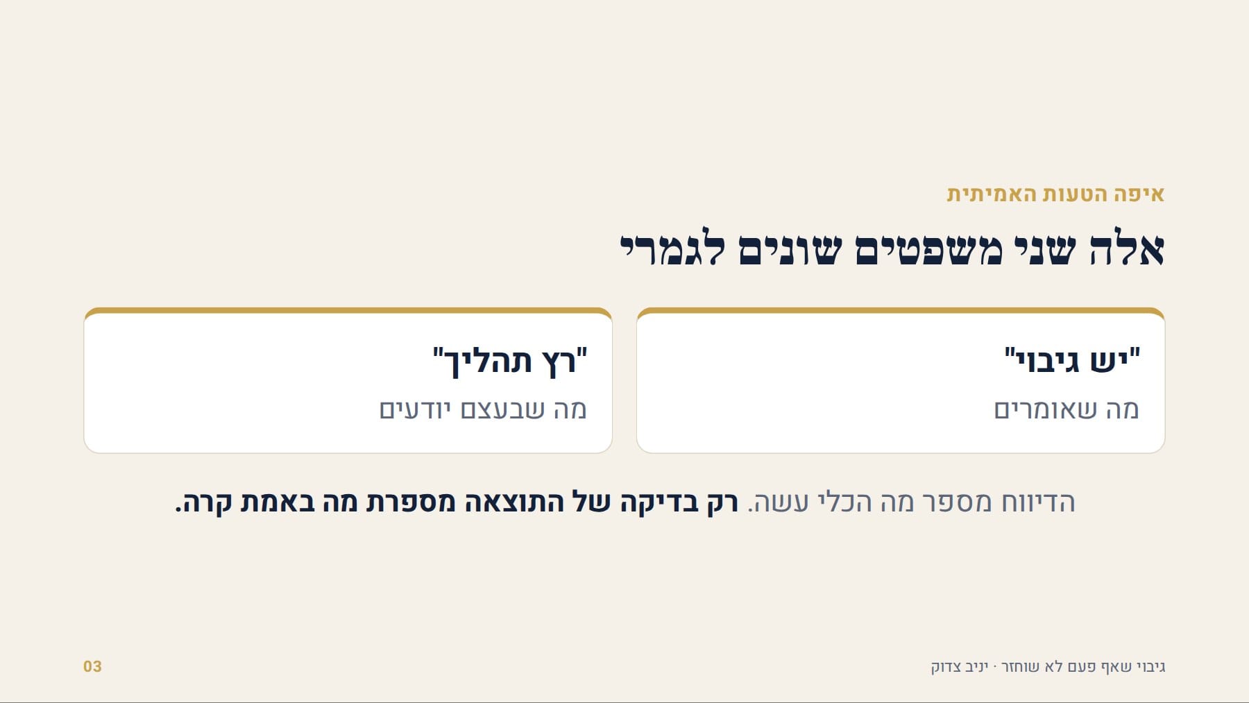 שקף: איפה הטעות האמיתית אלה שני משפטים שונים לגמרי "יש גיבוי" מה שאומרים "רץ תהליך" מה שבעצם יודעים הדיווח מספר מה הכלי עשה. רק בדיקה של התוצאה מספרת מה באמת קרה. גיבוי שאף פעם לא שוחזר · יניב צדוק
