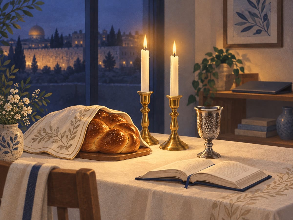 שולחן שבת עם נרות, חלה וגביע