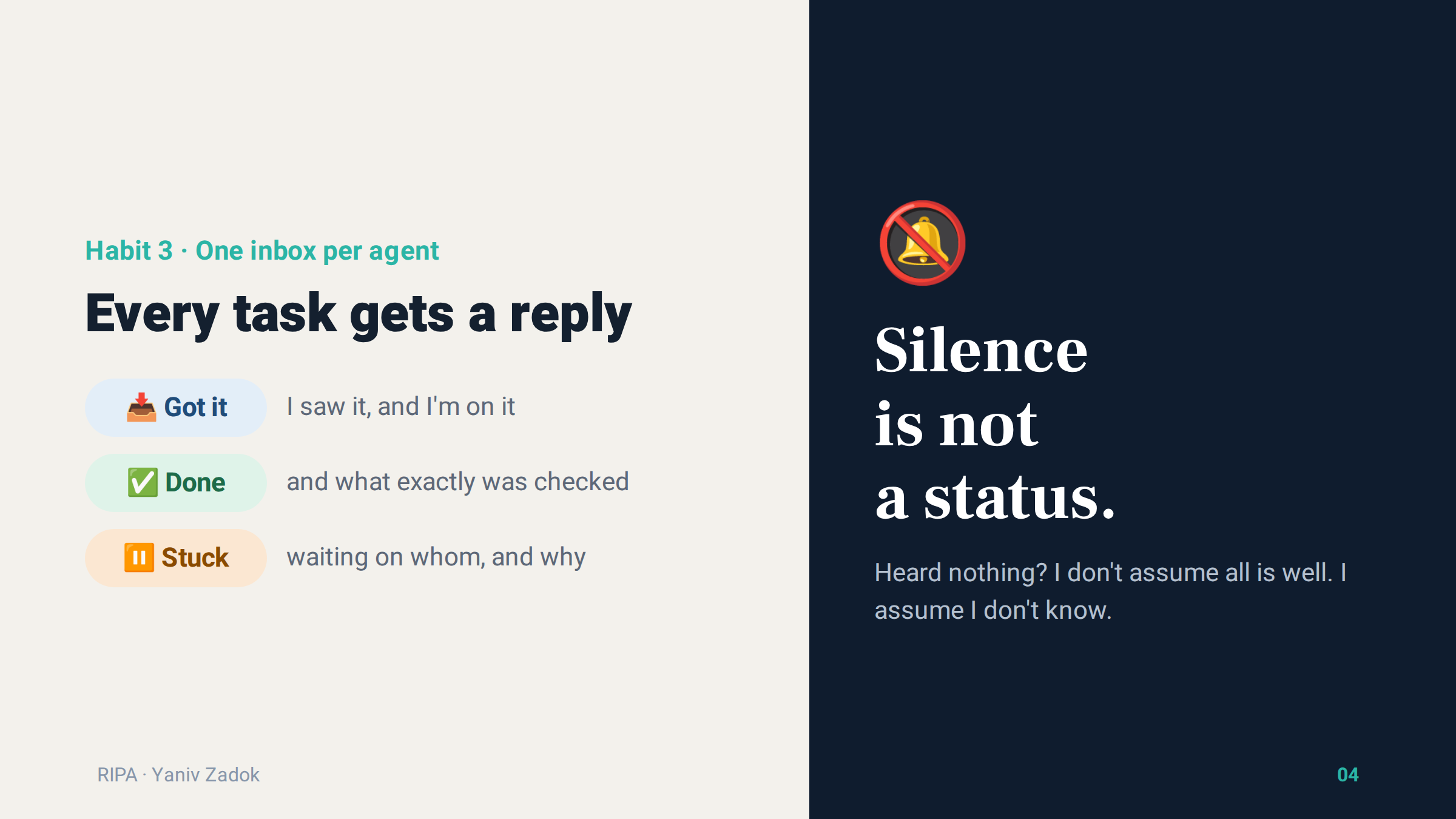 Got it, done, stuck. Silence is not a status
