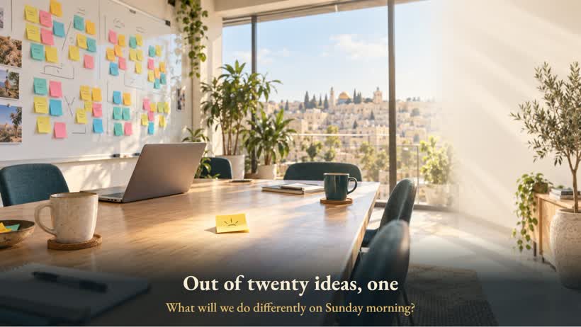 A lit meeting room after a team-building day, with one note chosen on the table