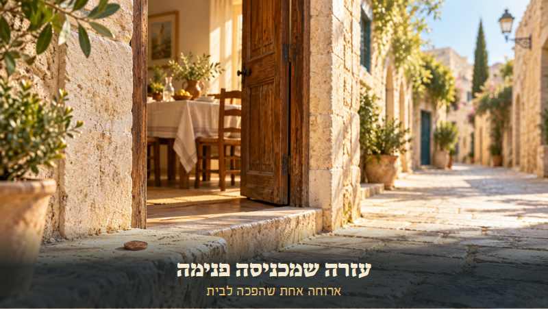 מטבע נחושת בודד על מדרגת אבן, ומעבר לו דלת בית פתוחה ושולחן ערוך באור