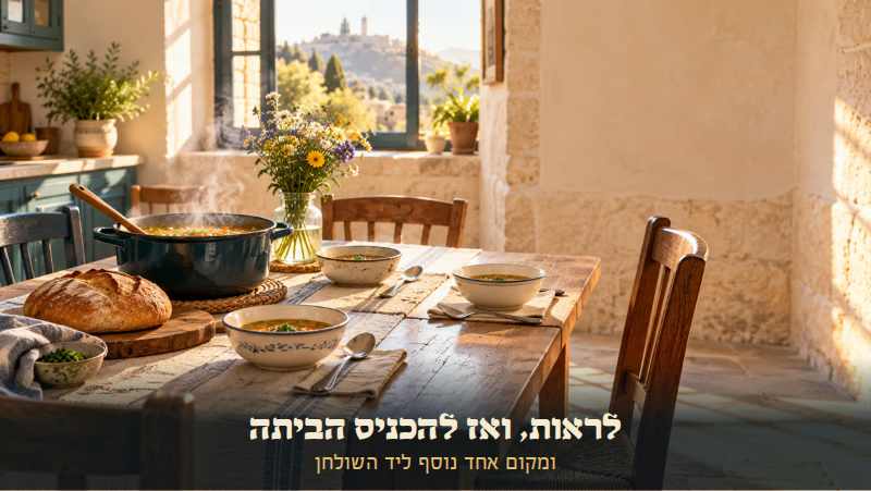 שולחן מטבח עם סיר מהביל ולחם, וקערה שלישית שנוספה הרגע בקצה, ליד כיסא פנוי