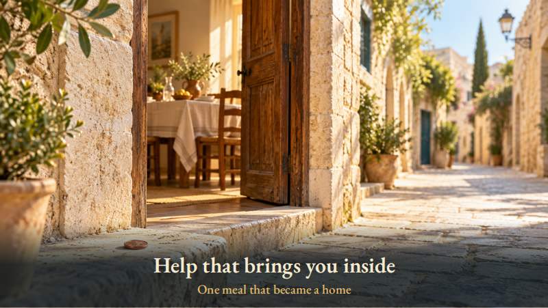 A single copper coin on a stone step, and beyond it an open front door and a table set in the light