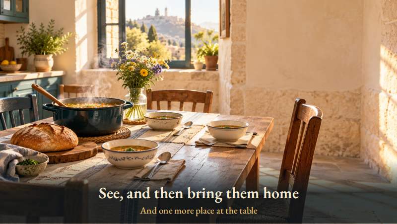 A kitchen table with a steaming pot and bread, and a third bowl just added at the edge, next to an empty chair