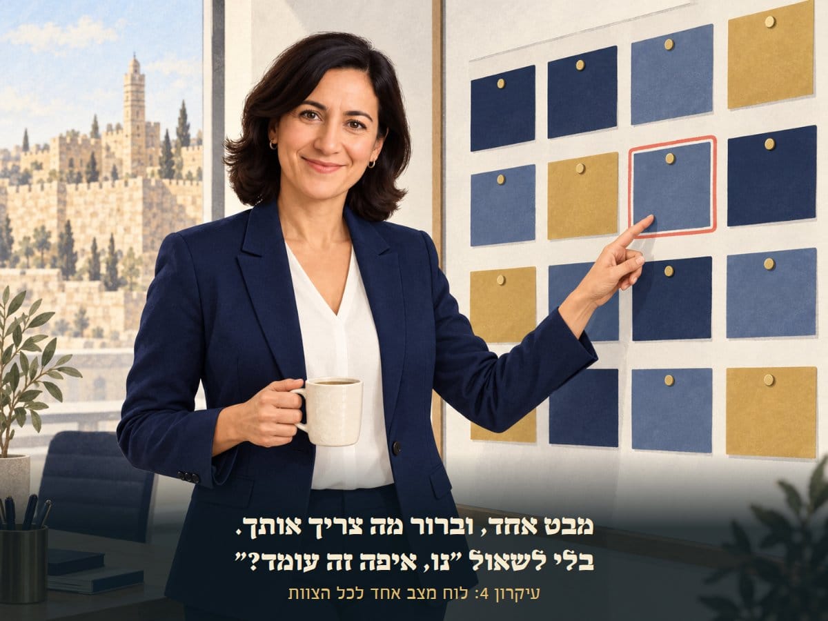 מיכל מצביעה על כרטיס אחד מסומן בלוח המצב של הצוות
