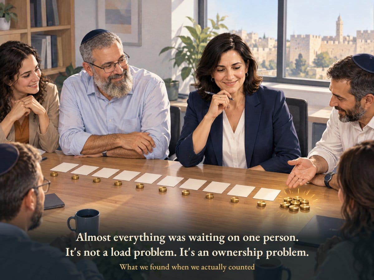 A team around a table, with almost all the tokens rolled over to a single chair