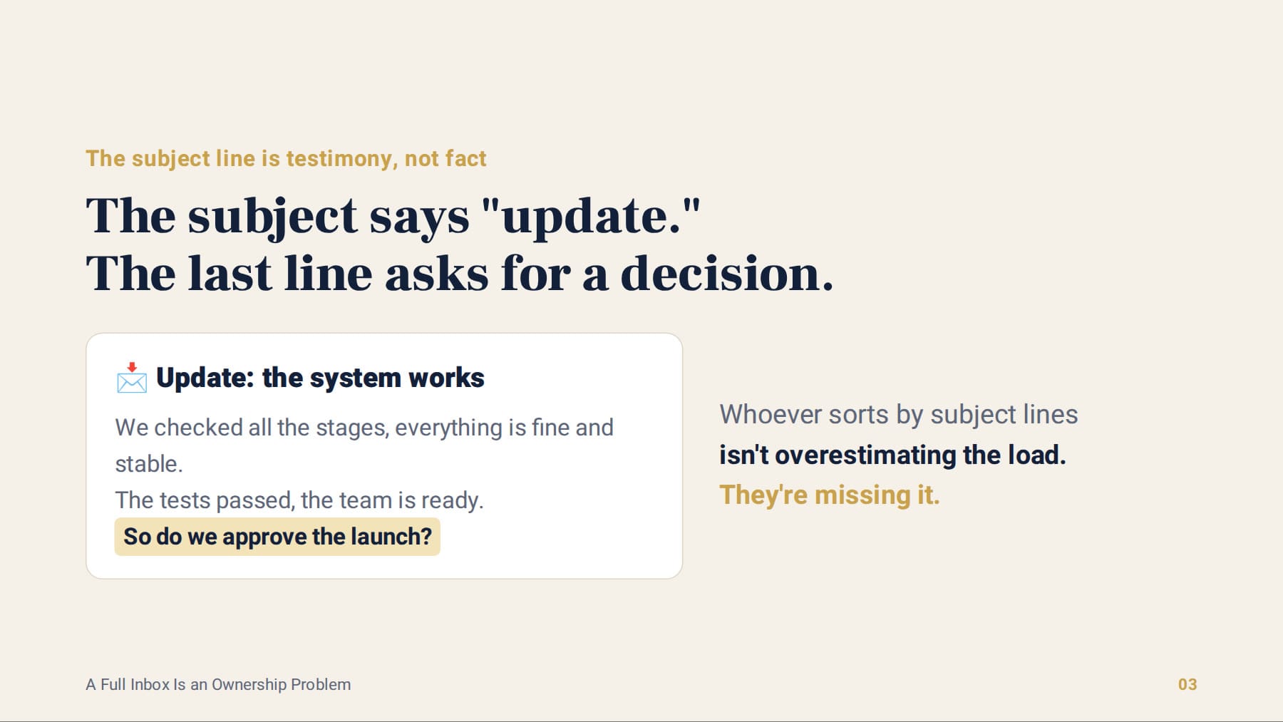 The subject line says update, the last line asks for a decision