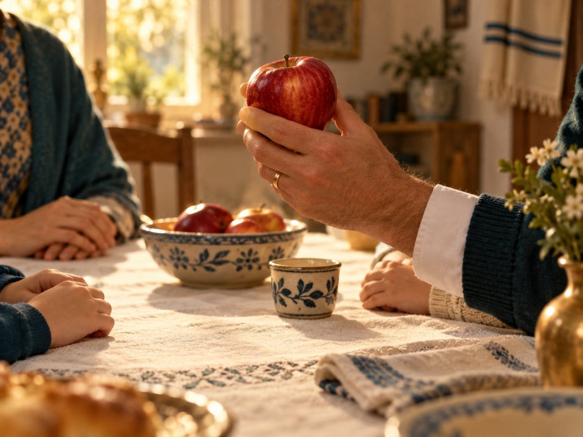 A hand holds an apple over a family table, a moment before the blessing