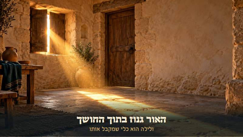 קרן אור אחת נכנסת דרך תריס עץ לחדר אבן מוצל, ונמשכת על הרצפה אל הדלת