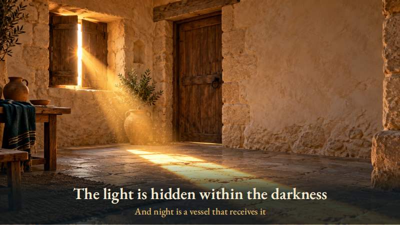 A single ray of light enters through a wooden shutter into a shaded stone room, stretching across the floor toward the door