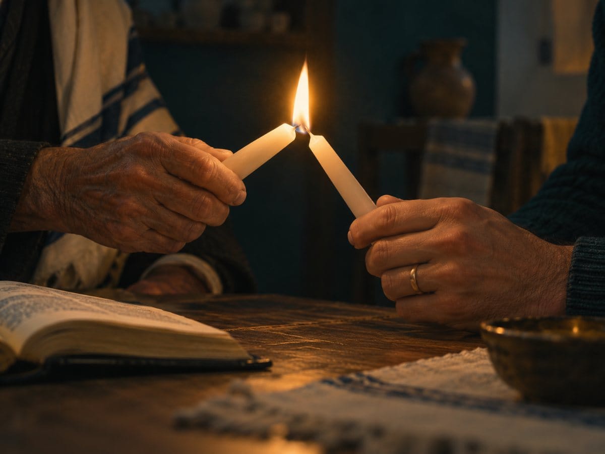יד מבוגרת מדליקה נר מנר שבידו של אדם צעיר יותר, ספר פתוח על השולחן