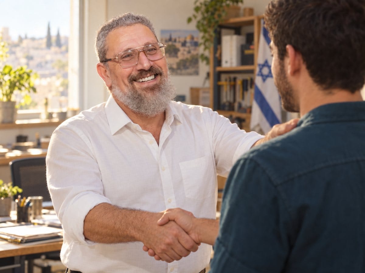 Yaniv shakes hands with a young colleague and thanks him, a hand on his shoulder