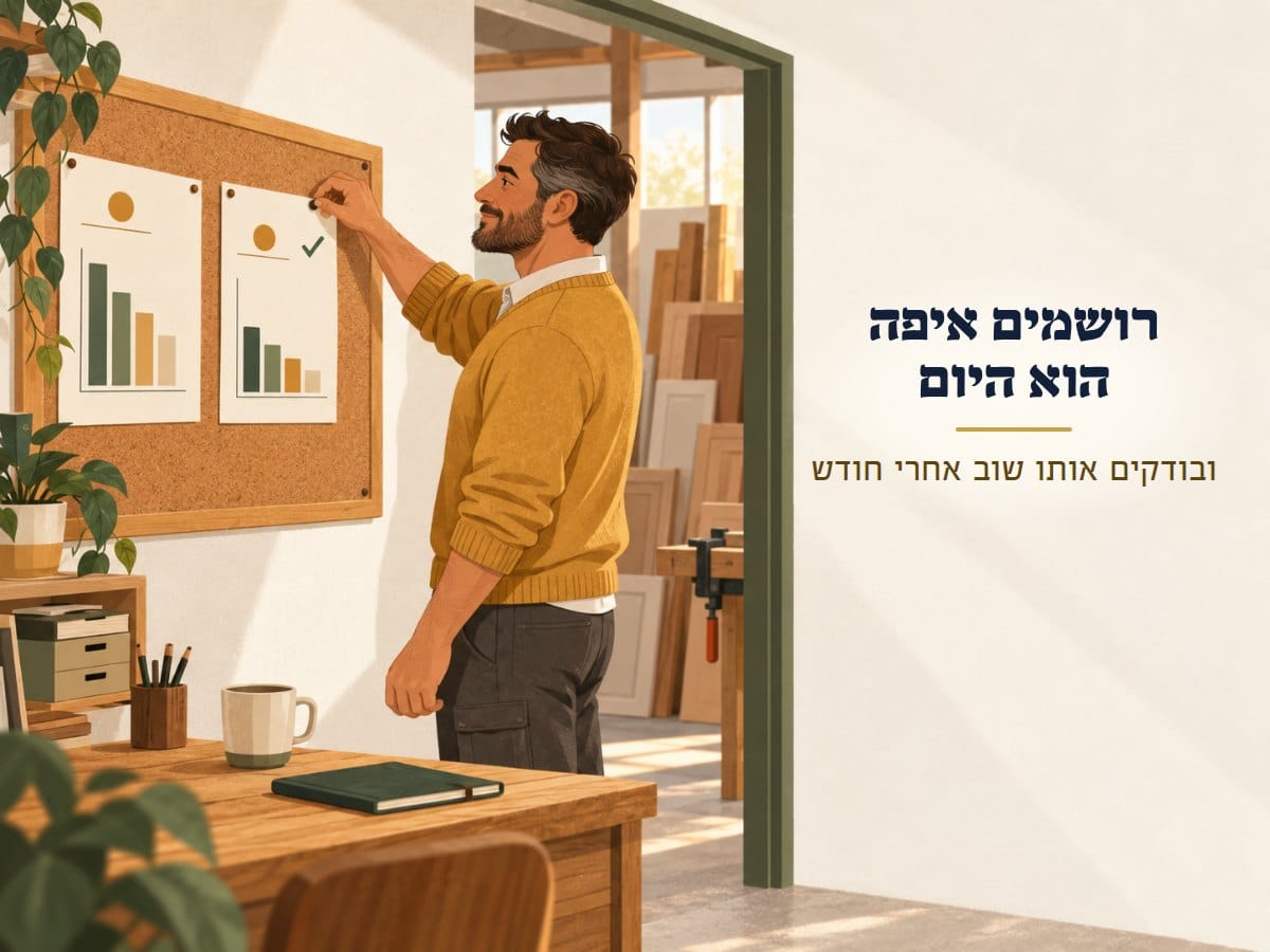 בעל עסק בסוודר חרדל מצמיד ללוח שעם דף "אחרי" עם וי, ליד דף "לפני", ומחייך