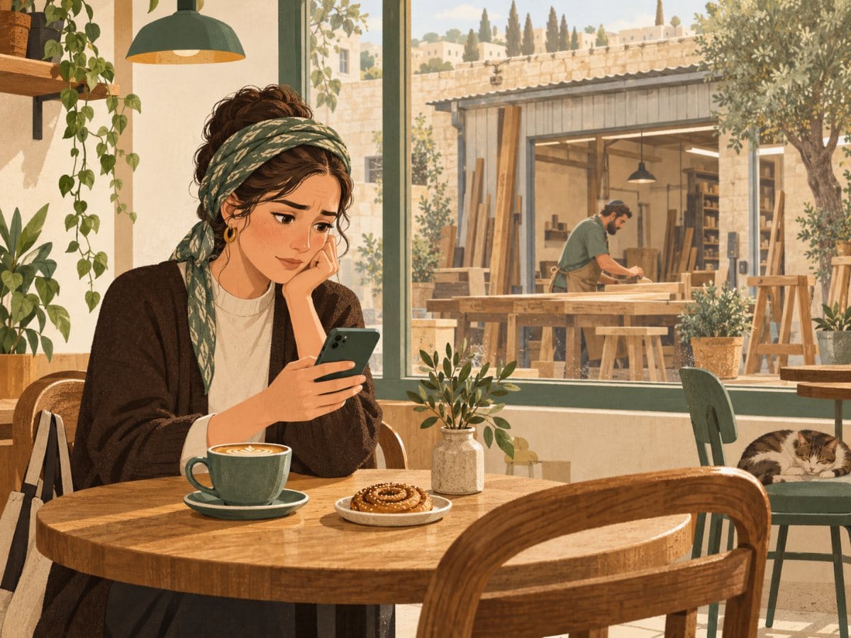 מעצבת בבית קפה מחכה לעדכון בטלפון, והנגרייה מעבר לחלון