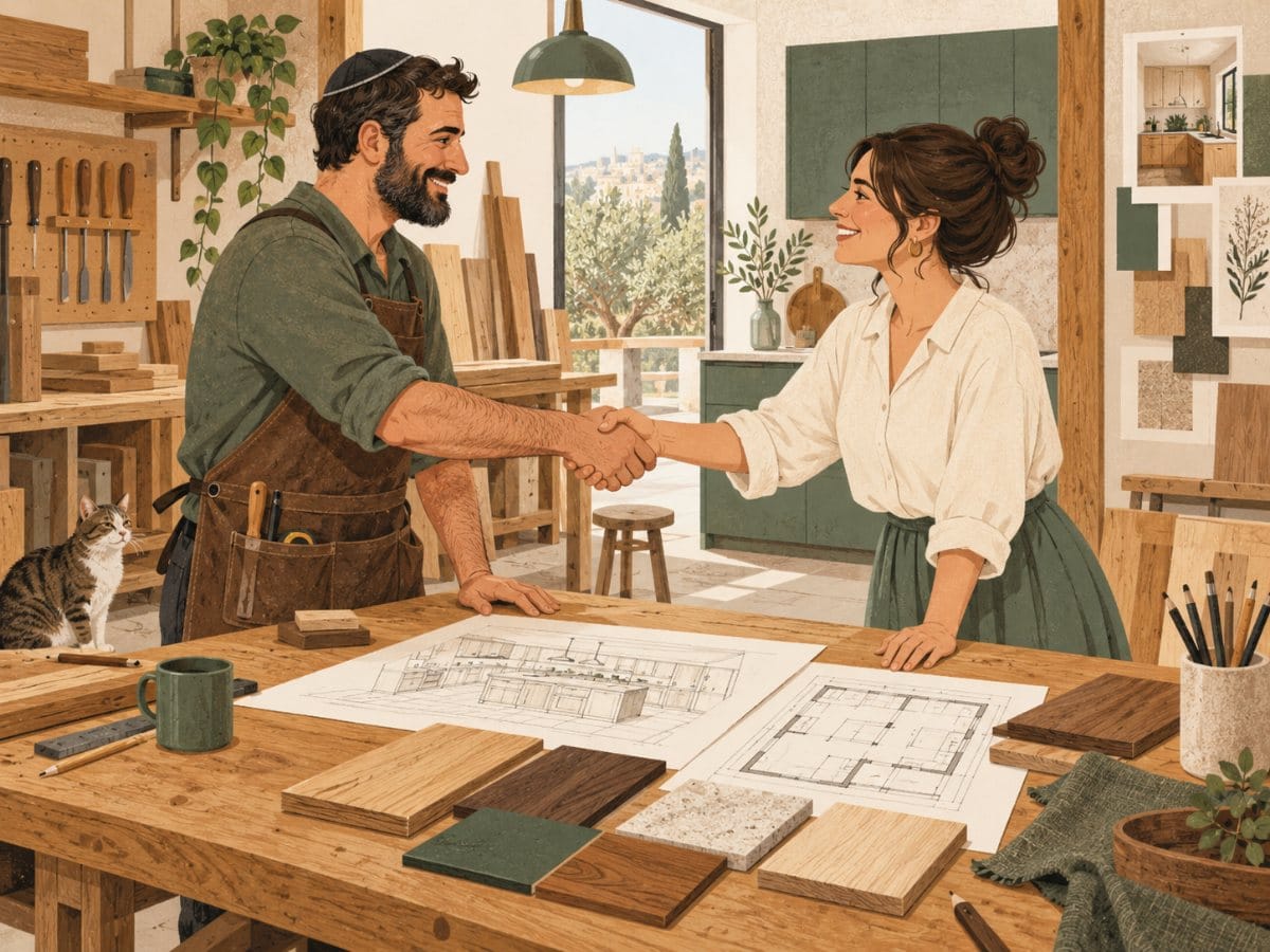 נגר ומעצבת לוחצים ידיים מעל שולחן עם תוכניות ודוגמאות