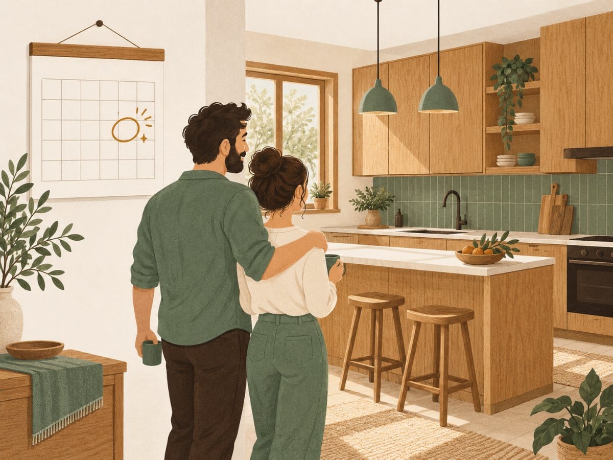 זוג במטבח החדש, ובלוח השנה יום מסומן