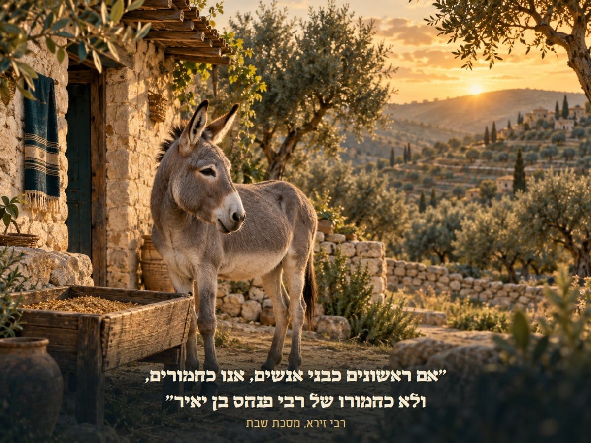 חמור עומד בשקט ליד בית אבן עתיק, מסרב לאכול מן האבוס