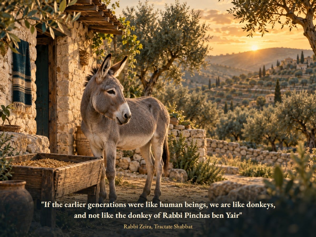 A donkey stands quietly beside an ancient stone house, refusing to eat from the trough