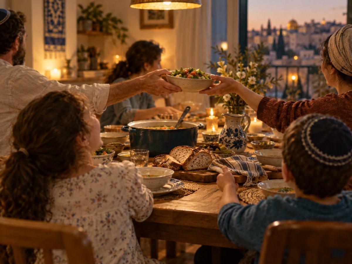 A family around the dinner table, the atmosphere calm and warm