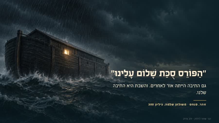 תיבת נח בסערה, וחלון אחד מואר: הפורס סוכת שלום עלינו