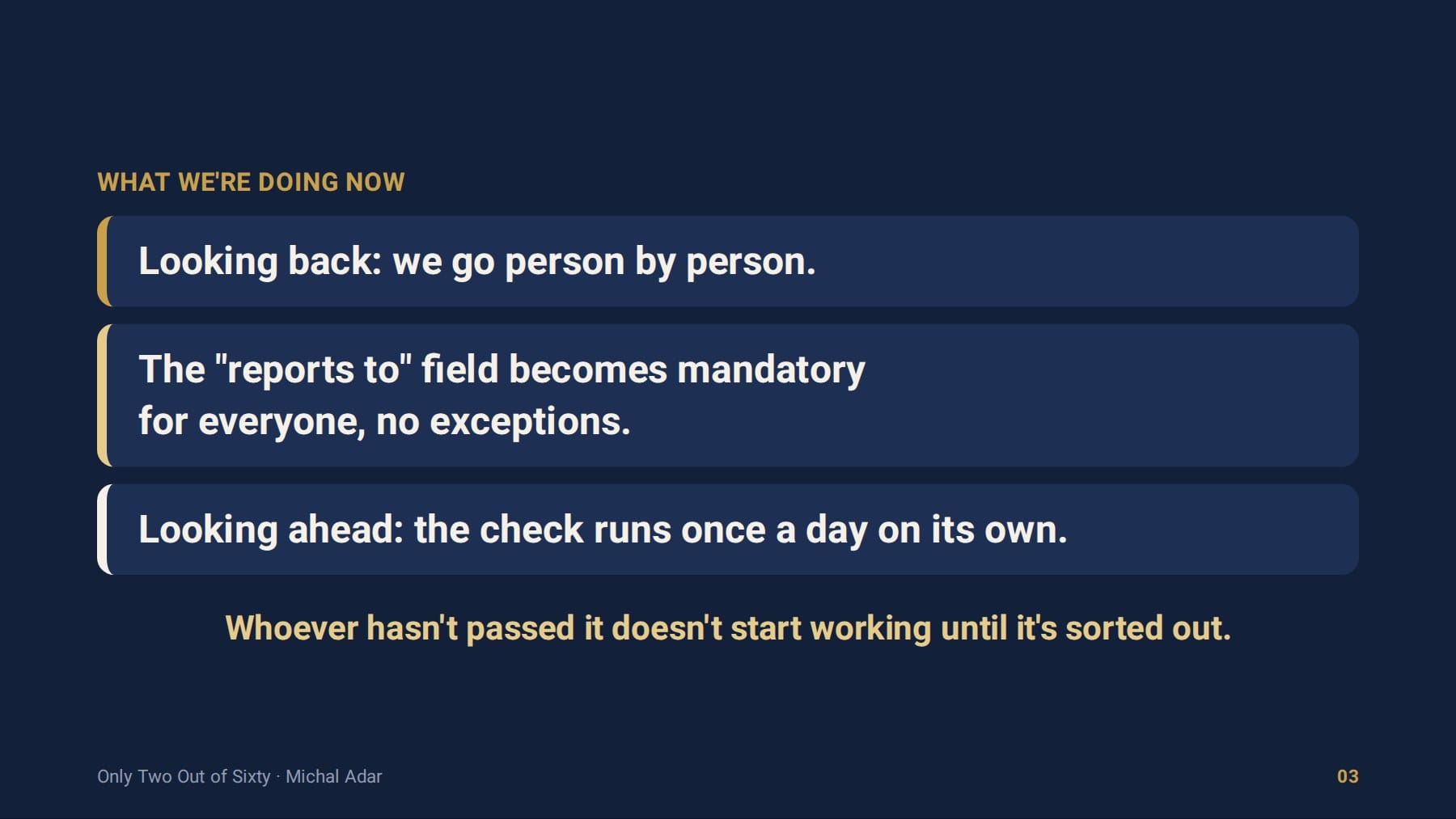 Slide: What we're doing now. Looking back, we go person by person, the "reports to" field becomes mandatory for everyone, and the check runs once a day on its own. Whoever hasn't passed it doesn't start working until it's sorted out.